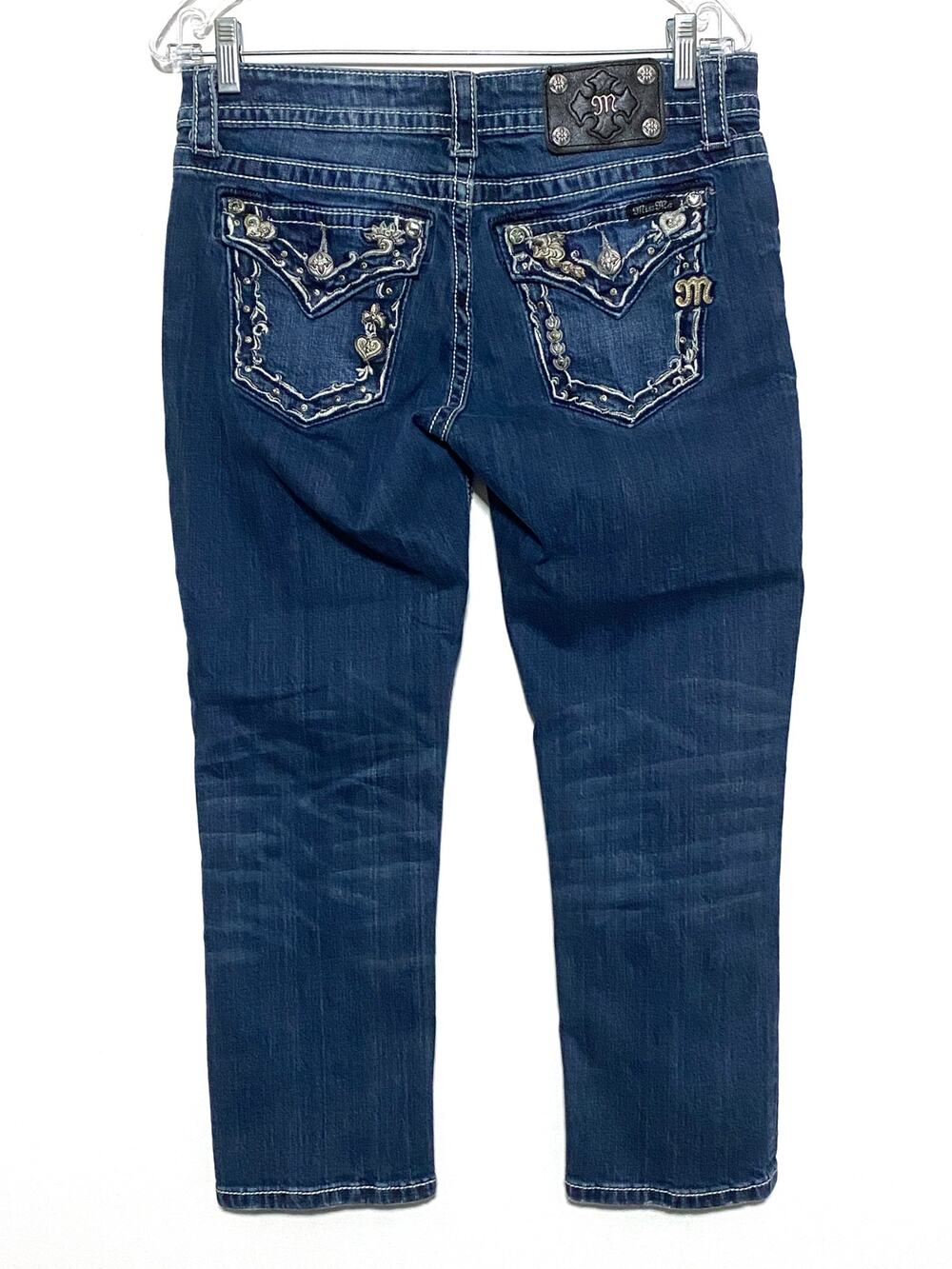 Miss Me Boyfriend Capri Jeans 27 Rhinestones Thick Stitch Western Y2K Glam Bling